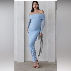 Bumpsuit off the shoulder mesh maternity dress light blue